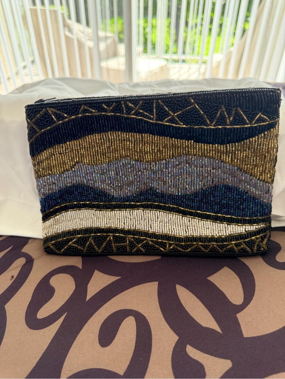 Beaded Wave Pattern Clutch - Black & Gold